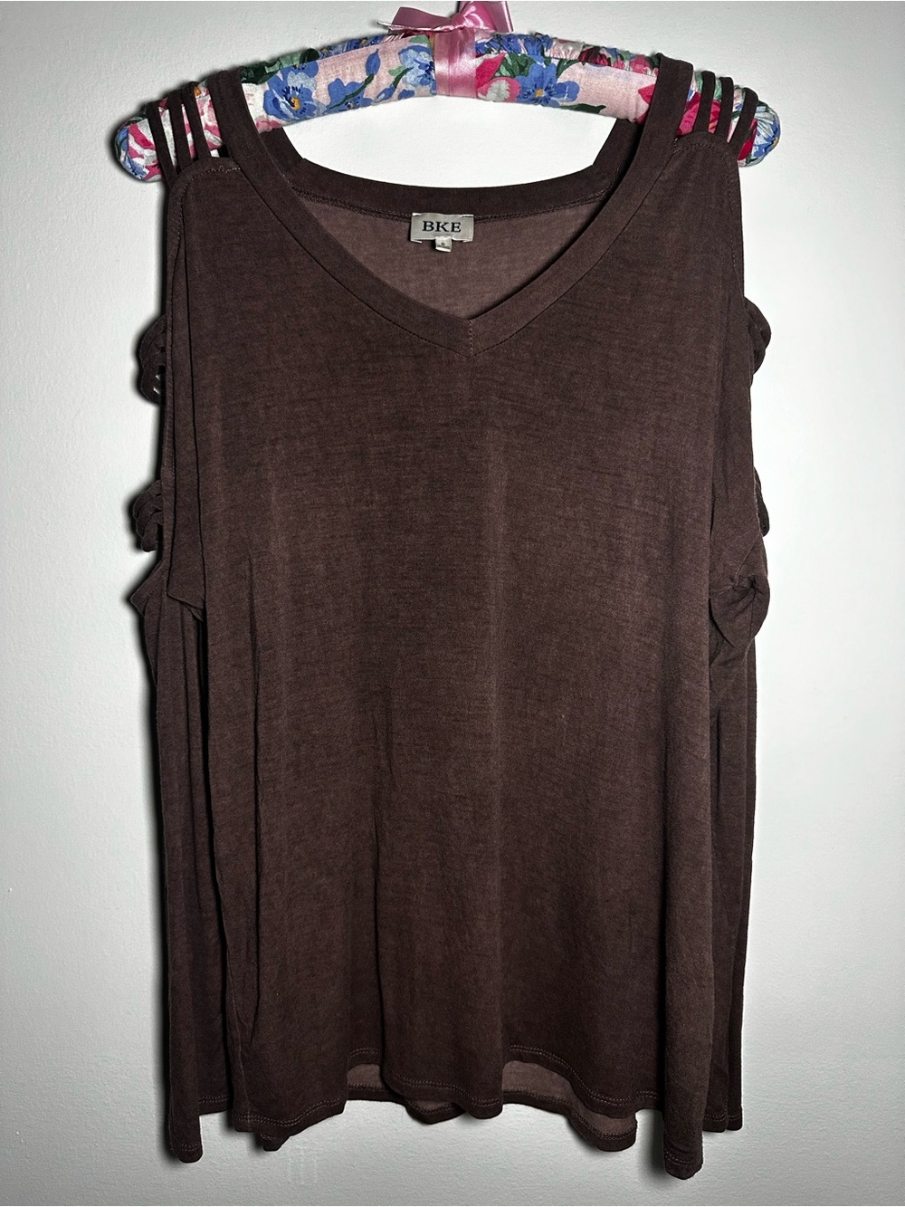 BKE Brown V-Neck Longsleeve Top with Shoulder Cutouts